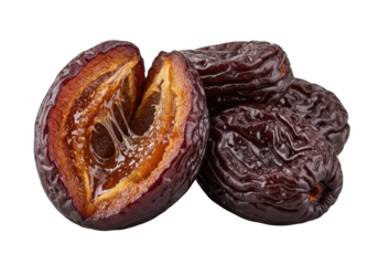 Extreme macro of a torn, glistening amber-pulp prune & whole aubergine prunes on transparent, rim lit, hyperrealistic, high contrast, high-end food photography concept of natural decadence