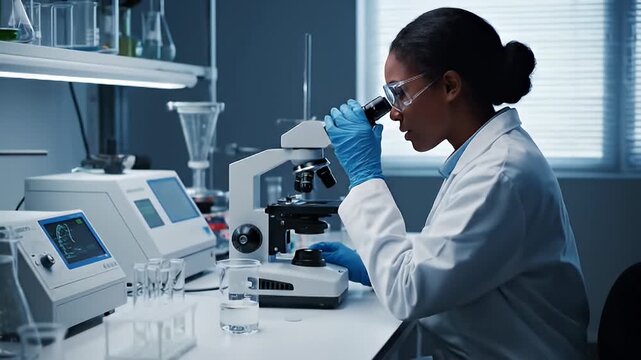 Scientist examines specimen under microscope