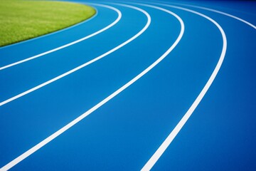 Curved blue running track with white lanes and green grass background under natural light for fitness and outdoor lifestyle concept.