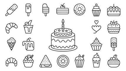 Delightful assortment of outline dessert icons featuring cakes pastries and frozen treats in vector format