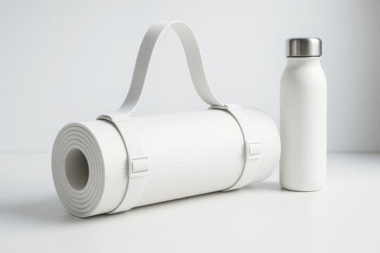Blank white yoga mat with carrying strap and water bottle mockup on clean background for branding or product presentation in minimalist style. Ai generative - Powered by Adobe