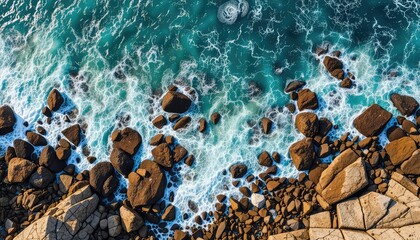 Waves crash against the rocky shoreline, creating a mesmerizing display of power and beauty from above