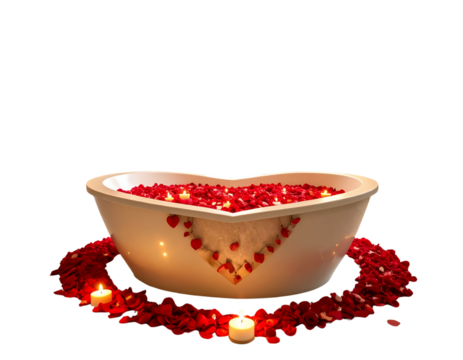 Luxury Spa Bathroom with Heart-Shaped Petal Arrangement in Tub, Valentine’s Theme