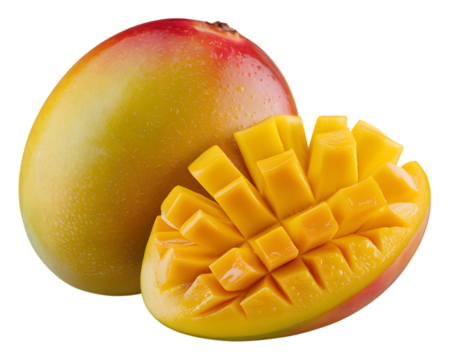 a whole and sliced mango, vibrant yellow with a few red highlights, against a pure transparent background. AI Generated 