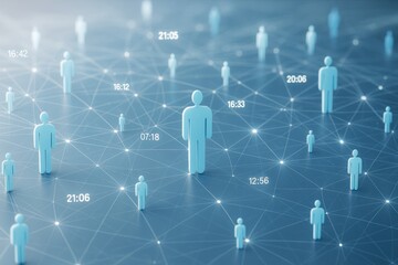 Abstract digital network of blue human icons connected with glowing lines and time stamps on a light blue background symbolizing technology and data flow.