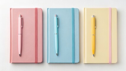 Five pastel notebooks with pens arranged for creative organization and study sessions