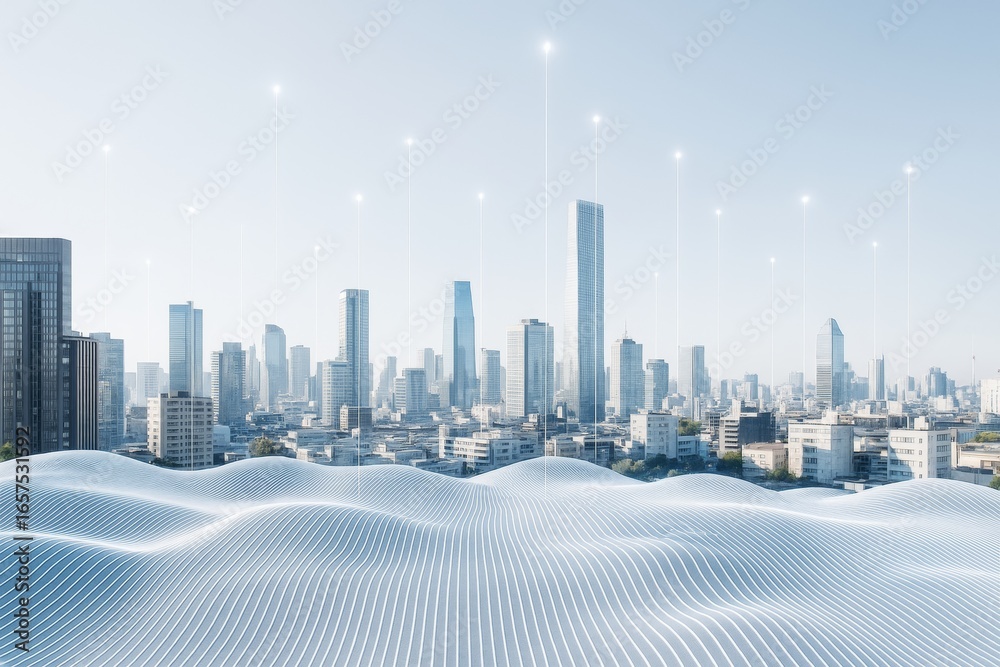 Wall mural futuristic smart city skyline with glowing data points and digital wave pattern in foreground on lig