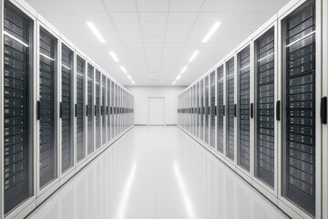 Modern data center interior with symmetrical rows of server racks, illuminated by bright ceiling lights in a clean white tech environment concept.