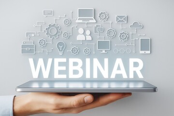 Webinar concept with glowing text and technology icons above a digital tablet held by hand on light background representing online business communication.