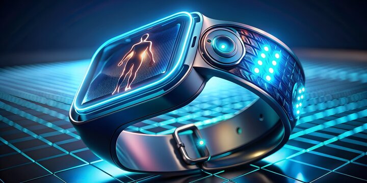 Futuristic smartwatch with a glowing screen displaying a digital figure, showcasing advanced technology and modern design for wearable tech enthusiasts - Powered by Adobe