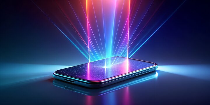 Smartphone emitting vibrant neon lights, symbolizing digital innovation and modern communication technology in a futuristic and creative style
