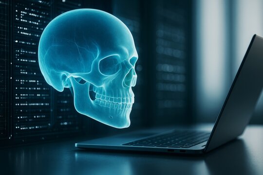 Futuristic glowing digital skull facing open laptop in dark server room with blue ambient light, symbolizing cybersecurity threat concept. - Powered by Adobe
