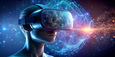 Immersive virtual reality experience with a futuristic vr headset, connecting to the metaverse and exploring the digital frontier of artificial intelligence and cyber space