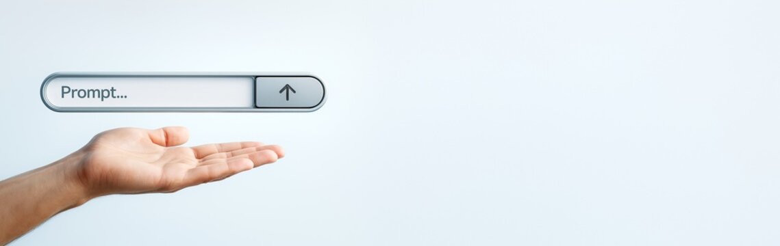 Human hand offering prompt input field with upload button on light background for technology design, promotion or advertising concept template.