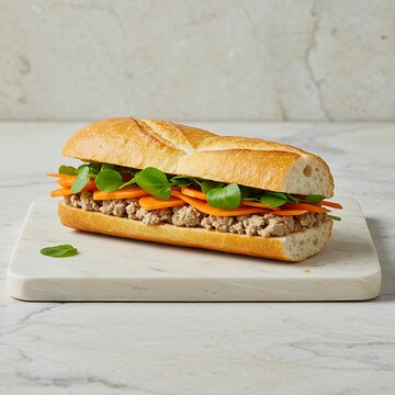 a classic Khao Jii Pat&eacute; sandwich ເຂົ້າຈີ່ປາເຕ  on a light-colored cutting board. The crispy baguette is sliced open to show the rich pat&eacute;, carrots, and watercress.  