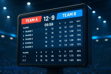Digital esports scoreboard showing team stats and player performance in a competitive match with futuristic lighting in a stadium background. Ai generative
