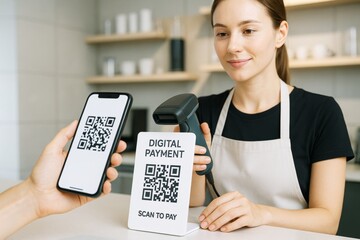 Woman scanning QR code for digital payment using smartphone and barcode reader at modern cafe counter with light background. Ai generative. Ai generative