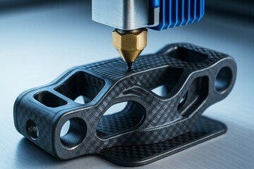 Close-up of 3D printer creating a carbon fiber automotive part with high precision on a metallic surface in a futuristic light background. Ai generative