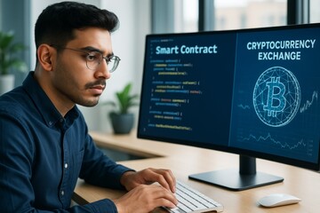 Focused developer working on cryptocurrency exchange and smart contract code in modern office environment with dual monitors and daylight background. Ai generative