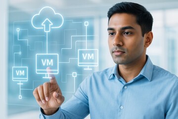 Businessman interacting with futuristic virtual machine interface on transparent screen in a modern office environment with soft blue light.. Ai generative
