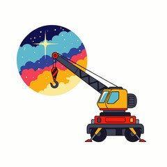 A whimsical cartoon crane extends its boom towards a shining star within a circular, multicolored celestial dreamscape, symbolizing ambition.