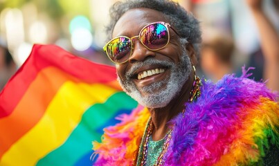 Happy elderly gay Black man celebrating at a Pride parade. The scene captures a senior African American queer man dressed in a fluffy feather outfit and holding a rainbow flag, Generative AI