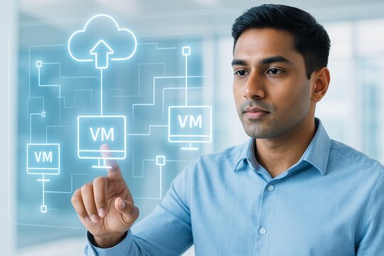 Businessman interacting with futuristic virtual machine interface on transparent screen in a modern office environment with soft blue light.. Ai generative - Powered by Adobe