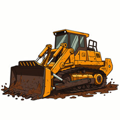 A vibrant yellow bulldozer with a large front blade is depicted in a detailed cartoon illustration, actively pushing a pile of brown earth on a white background. © Indhgraphy Visual