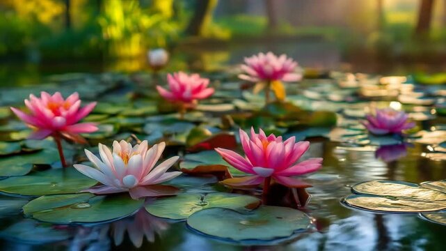 A serene pond filled with blooming pink and white water lilies surrounded by lush greenery, capturing the tranquil beauty of nature during golden hour, perfect for relaxation themes