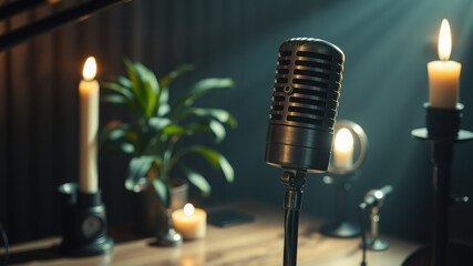 A vintage microphone stands illuminated by candlelight in a dimly lit recording studio setting indoors