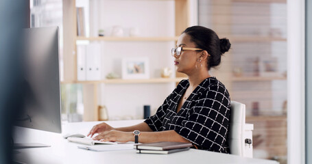 Serious, employee and woman with computer, law firm or review of legal records, attorney or...