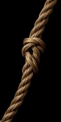 A close up shot of a knotted and twisted brown rope against a stark black background in studio lighting