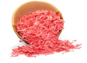 Small dried shrimp for cooking on white background