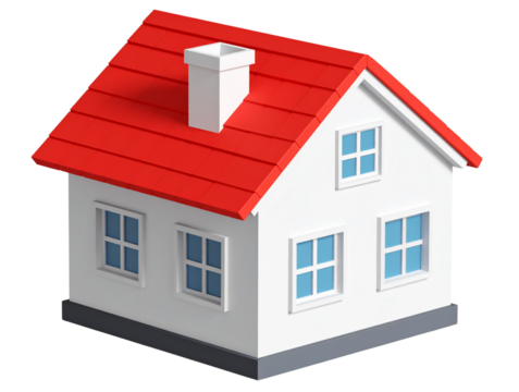 Minimal 3D House Model with Red Roof and White Walls, Isometric View, Transparent Background