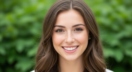 Young Woman Smiling with Green Foliage Background Portrait