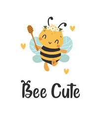 Kawaii Cute Bee illustration with lettering Bee Cute. Cartoon card. Hand drawn cute characters Cartoon Animals Background. Nursery art. Vector illustration