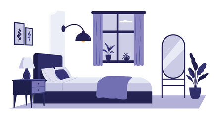 A cozy bedroom with a bed nightstand and window with purple curtains and plants silhouette