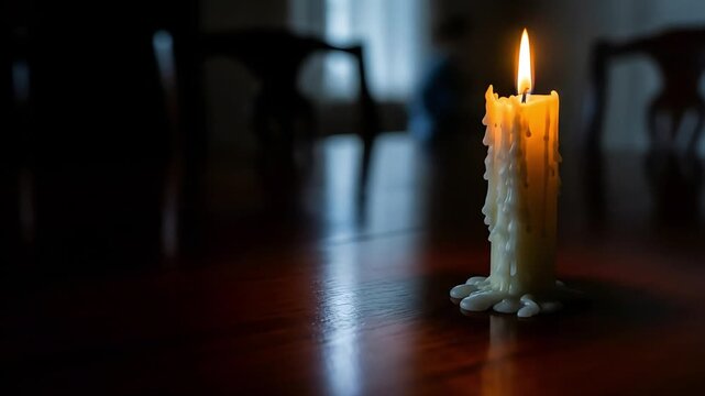 Burning candle providing light and warmth on table