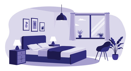 A cozy bedroom with a bed nightstand and window with plants silhouette