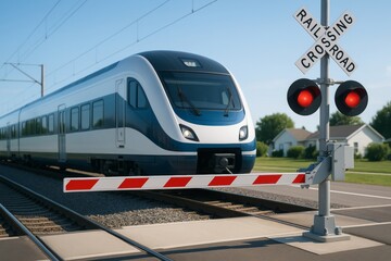 Modern passenger train at railroad crossing with red lights and lowered barrier on sunny day in suburban setting. Ai generative. Ai generative