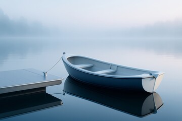 Obraz premium Small rowboat tied to dock on calm lake during misty morning with soft light and serene background atmosphere. Ai generative. Ai generative