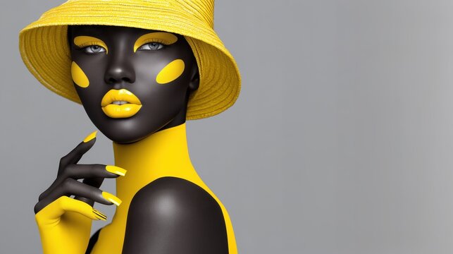 Creative portrait of woman with black and yellow body paint wearing yellow hat on gray background