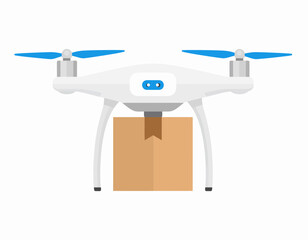 White Drone Carrying a Cardboard Package for Delivery.
