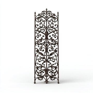 Ornate, decorative ironwork screen standing on a white background, symmetrical floral design