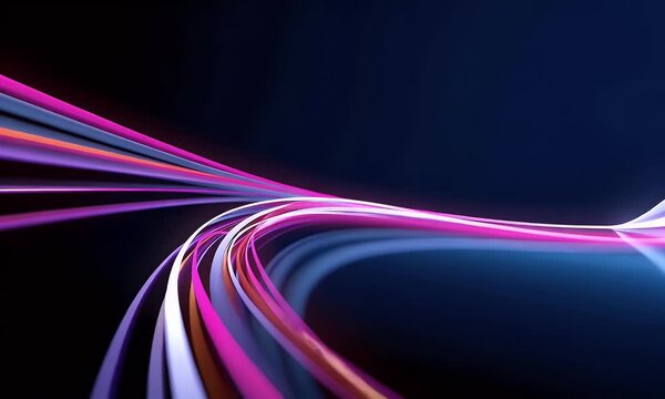 
3D render, abstract background with neon light lines in the dark. Concept of motion, speed, and technology glow effect. Blue, pink, and purple colors.

