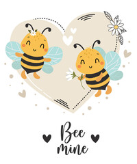 Kawaii Cute Bee present flower with lettering Bee Mine. couple Cartoon card. Hand drawn cute characters Cartoon Animals Background. Nursery art. Vector illustration