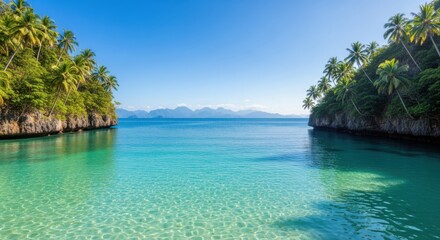Fototapeta premium Tropical Paradise Ocean Bay with Lush Green Palm Trees and Crystal Clear Turquoise Water Under a Bright Blue Sky