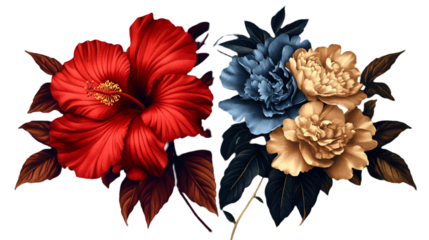 A vibrant arrangement of hibiscus and other blooms isolated on transparent background