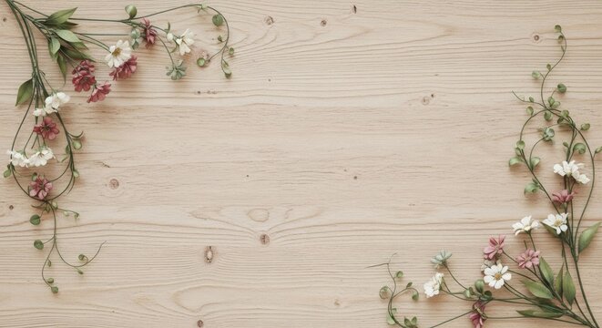 Charming flat lay of delicate spring wildflowers and greenery forming a rustic floral border on a light wooden background with copy space.