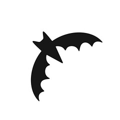 A black bat with a white outline flying in the air